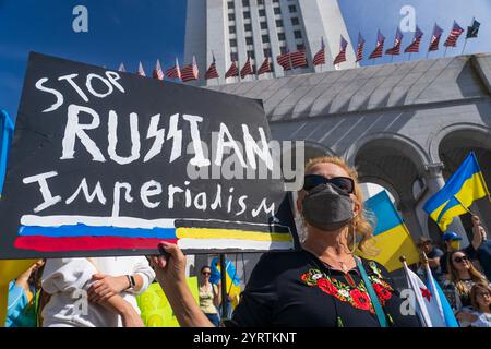 MARCH 19, 2022, LOS ANGELES, CA., USA - Los Angeles Stands with Ukraine Rally at City Hall in defense of Ukraine Stock Photo