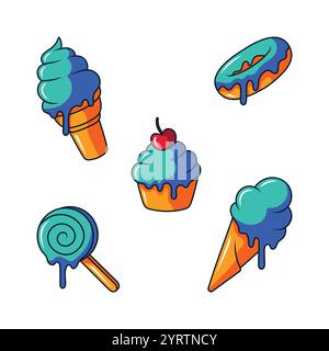 Flat art set of desserts, ice cream, cupcake, donut and candy. Sweet desserts cartoon Illustration, vector. Stock Vector