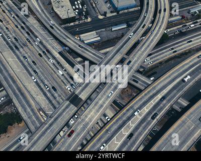 JUNE 6, 2022, LOS ANGELES, CA., USA - aerial view of freeways and downtown Los Angeles with Convention Center in foreground - 110 Harbor freeway Stock Photo