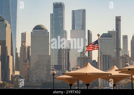 Independence Day USA. USA flag. 4th of July. Flag of United States of America. New York urban city. NYC skyline. Urban landscape. Downtown New York Stock Photo