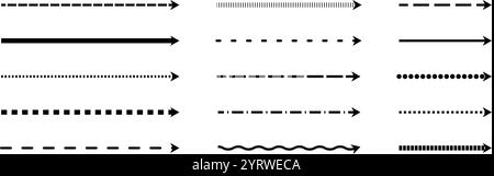 Straight thin dashed arrow set. Black long dotted arrows collection. Linear stripe element bundle for flyer, poster, brochure, booklet, banner. Doodle sketched pointers or direction lines. Vector Stock Vector