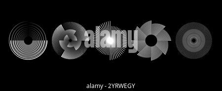 White radial spiral pattern set. Circular spinning speed line form collection. Rotating circle sound wave concept. Abstract sunburst ray or beam element for icon, badge, logo, tag, label. Vector Stock Vector