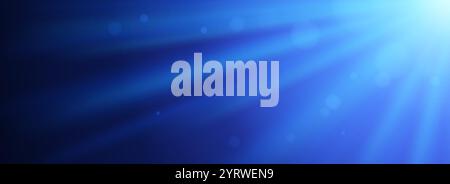 Sunlight glare background. Blue bright sunshine rays and beams on dark surface. Light sunburst scene wallpaper for banner, mockup, template, overlay, poster. Underwater light concept. Vector Stock Vector