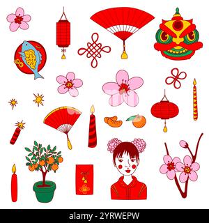 Traditional Chinese New Year Symbol Set. Clipart, flat colorful icons. Stock Vector