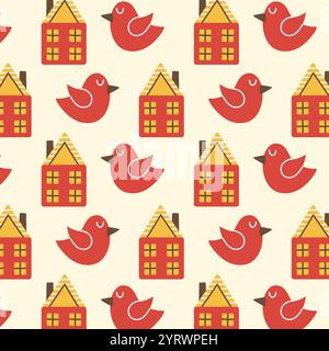 Seamless pattern featuring red birds and cozy houses with yellow roofs, perfect for holiday and winter-themed designs. Stock Vector