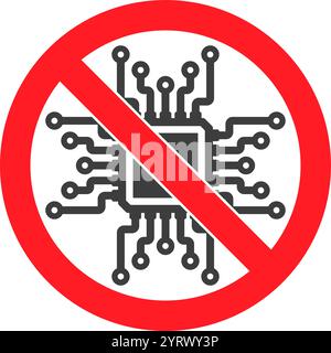 No AI microchip Machine learning prohibited symbol, AI not allowed icon, Artificial intelligence prohibited sign. Vector illustration image. Isolated Stock Vector