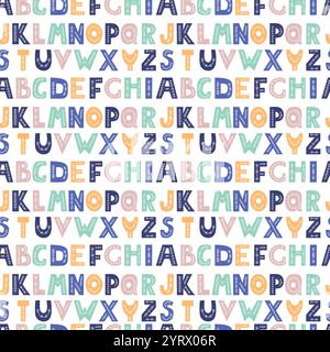 Seamless pattern folk alphabet. Decorative multi-colored letters on white background. Vector illustration. Hand drawing lettering ornament backdrop. Stock Vector