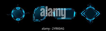 Hud frames set for computer game ui isolated on black background. Vector realistic illustration of neon blue borders, futuristic scifi interface design elements, gaming menu box, abstract circuit chip Stock Vector