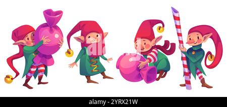 Cute elves in festive costumes carrying oversized candies and caramel cane. Santa Claus helpers in red hats, green outfits and striped leggings. Playful characters for Christmas greeting cards design. Stock Vector