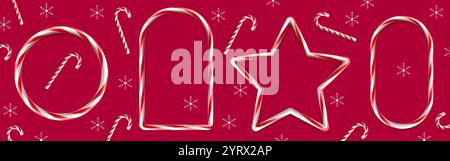 Festive caramel candy cane frames in red and white swirl stripes of rectangular, circular, oval and star shapes. Sweet traditional Christmas holiday dessert decorative borders and confectionary. Stock Vector