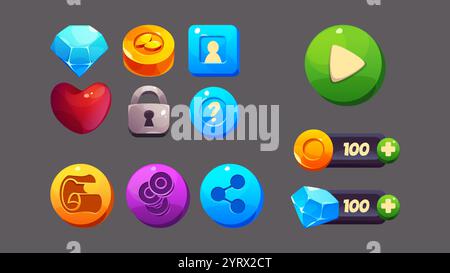 Game ui icons and interface design elements. Cartoon vector play button, bar with golden coin and blue diamond showing number of points, items to collect - heart and money, gemstone and lock. Stock Vector