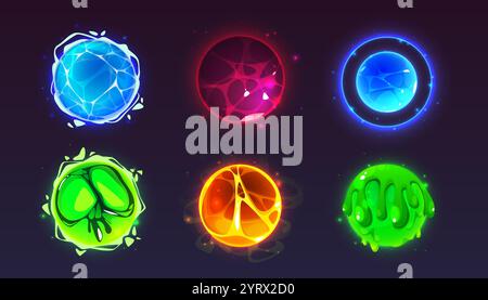 Glowing magical orbs in various colors - blue, red, green, and yellow, with unique textures and patterns. Vibrant mystical balls for fantasy game ui design elements. Spheres with neon light effect. Stock Vector