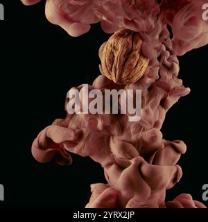 Flying shelled walnut on a black background with pinkish ink cloud in frame. Stock Photo