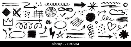 Arrow brush line chalk sketch texture brush vector set. Crayon marker scribble sketch stroke arrow element line brush hand drawn design. Texture abstract chalk, crayon style. Vector illustration Stock Vector