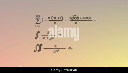 Image of mathematical equations over orange and yellow background Stock Photo
