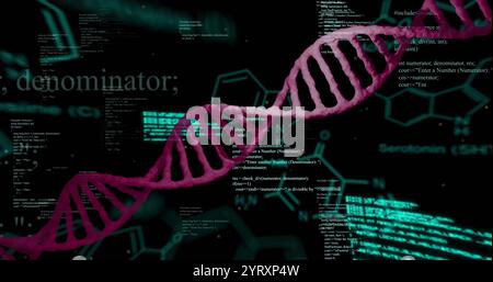Image of dna strand and data processing over dark background Stock Photo