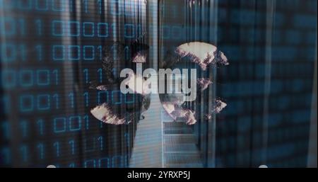 Image of 5g text, binary coding and data processing over computer servers Stock Photo