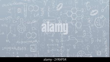 Image of science icons and mathematical equations over grey background Stock Photo
