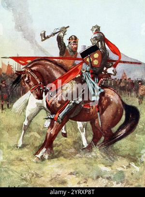 Illustration of the parry between Robert the Bruce and Sir Henry de Bohun at the Battle of Bannockburn. 1314 Stock Photo