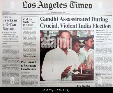 Los Angeles Times coverage of the assassination of Rajiv Gandhi, former Prime Minister of India. the killing occurred as a result of a suicide bombing in Sriperumbudur in Tamil Nadu, India on 21 May 1991. At least 14 others, in addition to Gandhi and the assassin, were killed. It was carried out by 22 year old Kalaivani Rajaratnam a member of the banned Sri Lankan Tamil separatist rebel organization Liberation Tigers of Tamil Eelam (LTTE). Stock Photo