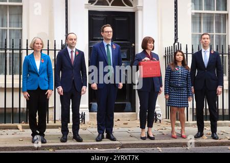 British treasury ministers leave 11 Downing Street to present the Budget to Parliament. 30th October 2024. Left to right: Emma Reynolds, Parliamentary Secretary to the Treasury; James Murray, Exchequer Secretary to the Treasury; Darren Jones, Chief Secretary to the Treasury; Rachel Reeves, Chancellor of the Exchequer; Tulip Siddiq, Economic Secretary to the Treasury and Lord Livermore, Financial Secretary to the Treasury. Stock Photo