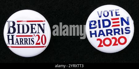 Campaign badges during the 2020 Presidential election showing the Biden-Harris Democratic Party candidature Stock Photo