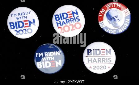 Campaign badges during the 2020 Presidential election showing the Biden-Harris Democratic Party candidature Stock Photo