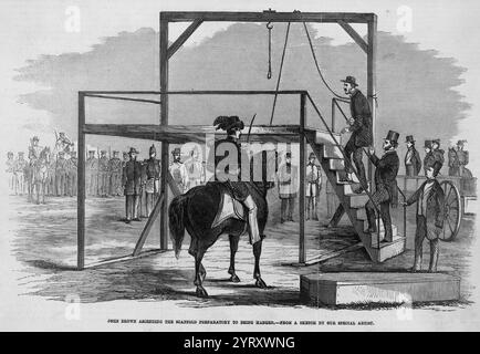 John Brown ascending the scaffold preparatory to being hanged. John Brown's raid on Harpers Ferry was an effort by abolitionist John Brown, from October 16 to 18, 1859, to initiate a slave revolt in Southern states by taking over the United States arsenal at Harpers Ferry, Virginia (since 1863, West Virginia). It has been called the dress rehearsal for, or tragic prelude to, the American Civil War. Stock Photo