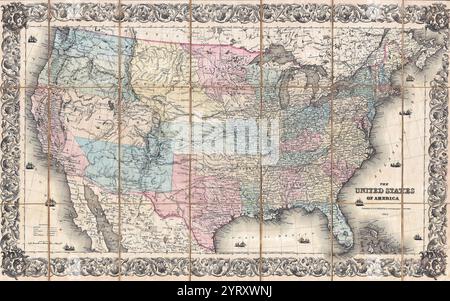 1855 pocket map of the United States by J.H. Colton. Covers the United States from coast to coast revealing a very early configuration of the Trans Mississippi. While many modern states had not yet appeared when this map was printed, many other states are exceptionally large. Oregon, Washington Utah New Mexico, Minnesota, and Nebraska, territories all, covered vast regions. A number of extremely important emigrant routes are also noted, including the Oregon Trail, the Santa Fe Trail, and Fremont's Route. Additionally indicates the many routes proposed for the Pacific Railroad including the Ste Stock Photo