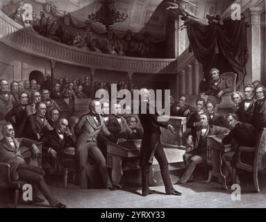 The United States Senate, A.D. 1850 (engraving by Peter F. Rothermel):Henry Clay takes the floor of the Old Senate Chamber; Vice President Millard Fillmore presides as John C. Calhoun (to the right of Fillmore's chair) and Daniel Webster (seated to the left of Clay) look on. the Compromise of 1850, to preserve the Union. Stock Photo