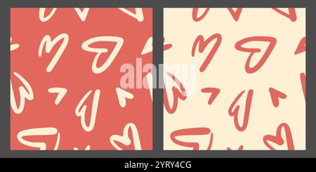 Hand drawn hearts seamless patterns set. Scribble and doodle style minimal textile print design. Vector illustration. Stock Vector
