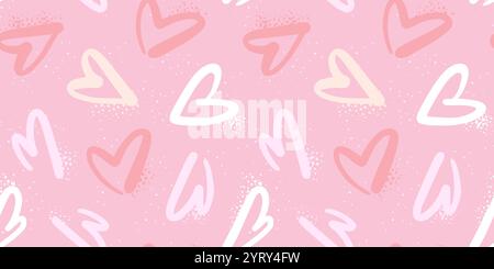 Hand drawn doodle hearts pastel pink seamless pattern. Cute baby girl print design. Vector illustration. Stock Vector