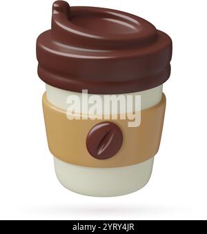 Paper coffee cup 3d vector icon. Cute take away hot drink with coffee bean on a label. Three dimensional illustration isolated on white background. Stock Vector