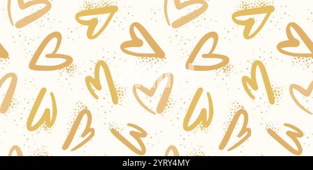 Golden hearts seamless pattern in a rough brush strokes style with splayed paint texture. Romantic modern print design. Vector illustration. Stock Vector