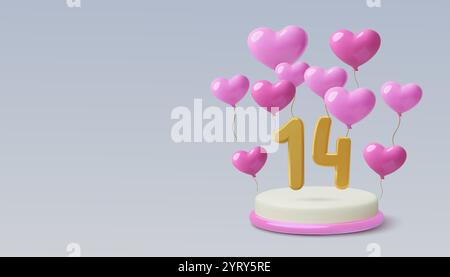 February 14 date background and Valentine's day 3D podium with number 14 and heart shape balloons Stock Vector