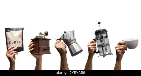 Various hands holding coffee brewing equipment isolated on white Stock Photo