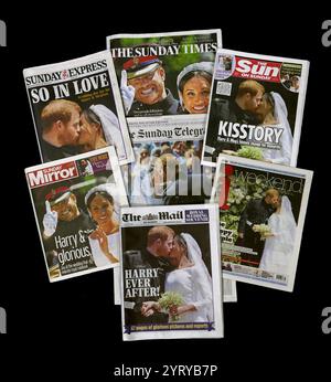 Montage of British National newspapers coverage of the Royal Wedding of Prince Harry and Meghan Markle. The marriage ceremony took place on May 19, 2018, at St George's Chapel, Windsor Castle. Meghan, Duchess of Sussex (born 1981) is an American member of the British royal family and a former actress. Prince Harry, Duke of Sussex (born 1984). Stock Photo