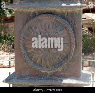 The Knesset Menorah, a bronze Menorah, Jerusalem, Israel. Designed by Benno Elkan (1877-1960), a Jewish sculptor who escaped from his native Germany to Britain. The sculpture is 4.30 meters high, 3.5 meters wide, and weighs 4 tons. It is located at the edge of Gan Havradim (Rose Garden) opposite the Knesset. It was presented to the Knesset as a gift from the Parliament of the United Kingdom on April 15, 1956 in honor of the eighth anniversary of Israeli independence. The Menorah was modelled after the golden candelabrum that stood in the Temple in Jerusalem. A series of bronze reliefs on the M Stock Photo