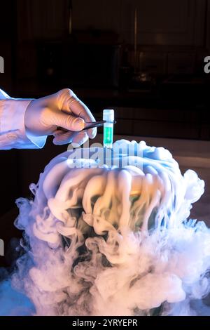Gloved hand using tweezers to place green test tube in liquid nitrogen, creating a smoky effect in laboratory setting Stock Photo