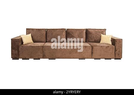 Brown sofa with velor fabric pillows isolated on a white background. Cushioned furniture. Stock Photo