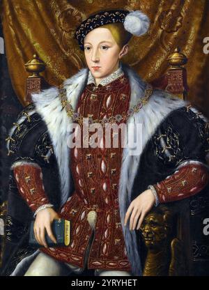 Portrait of Edward VI of England, seated, wearing a gown lined in fur (ermine or lynx) over a crimson doublet with the collar of the Order of the Garter and holding a Bible. Circle of William Scrots (fl. 1537?1554) Stock Photo