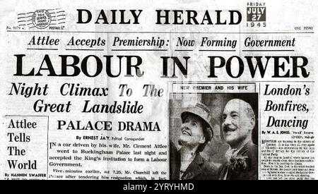 front page of the Daily herald, as Clement Attlee's Labour Party won by a landslide in the 1945 General election in Britain. Stock Photo