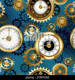 Seamless pattern of gold, antique, jewelry watches and brass gears on turquoise textured background. Steampunk style. Stock Vector