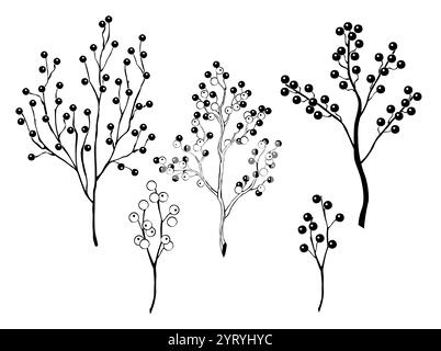 Set of silhouetted and contoured, isolated, thin twigs of Winterberry Holly, Ilex verticillata on  white background. Decorations for the celebration o Stock Vector