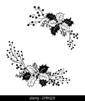 Christmas, cozy composition of artistically drawn, silhouetted and contoured holly leaves, thin twigs of winterberries and juniper on white background Stock Vector