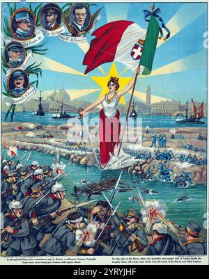 Italian propaganda poster depicting the Battle of the Piave River, fought in June 1918. This battle, won by Italy, was the beginning of the end of the Austro-Hungarian Empire 1918 Stock Photo