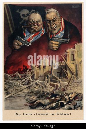 Satirical propaganda by Italian illustrator Gino Boccasile (1901?1952) , showing caricatures of Winston Churchill and Franklin D. Roosevelt as gangsters holding pistols, a pirate flag with skull and crossbones, and dead people on the ground in a city of ruins. Poster issued by the Italian Social Republic (Italian: Repubblica Sociale Italiana, RSI), known as the National Republican State of Italy (Republic of Sal?), a German puppet state which was created during the later part of World War II, that existed from the beginning of the German occupation of Italy in September 1943 until the surrende Stock Photo