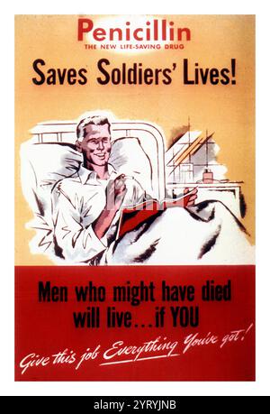 United States Federal Government World War II poster, showing a man sitting up in a hospital bed, smiling, reading a magazine and smoking a cigarette, with the caption: Penicillin the new life saving drug. 1945 Stock Photo