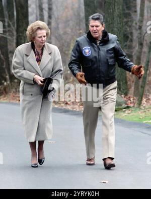 British Prime Minister with her close political friend, US President Ronald Reagan during a visit to the USA in 1988. Stock Photo