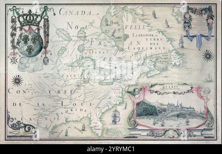 French colonial map of Canada and North America by Iean Baptiste Louis Franquelin, hydrographer of king Louis XIV, in Quebec in Canada. Copied between 1909 and 1910 from the original 1688 manuscript. Stock Photo